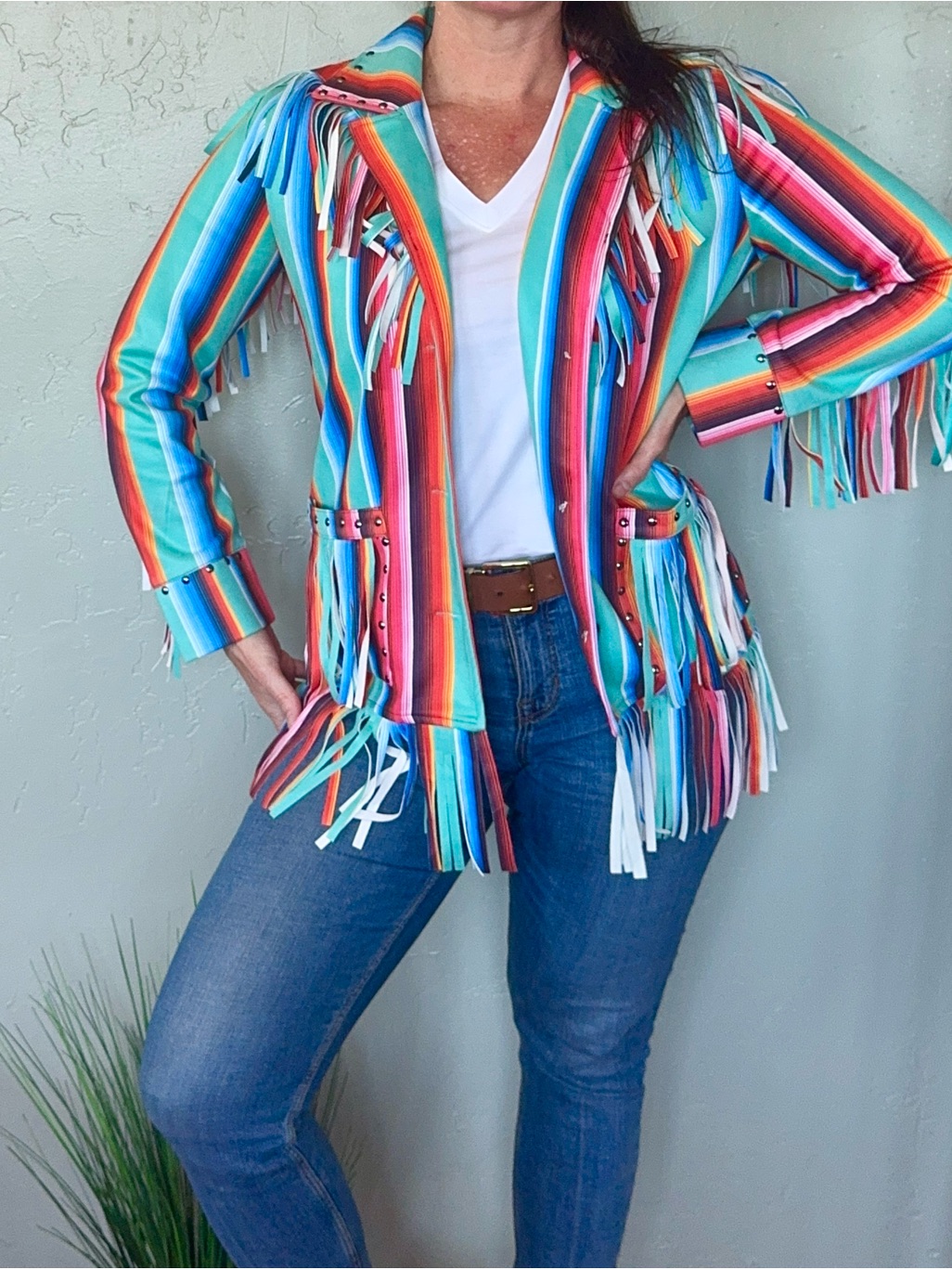 Lucky & Blessed Multi-Color Fringe Serape Suede Jacket W/Button Close & Pockets